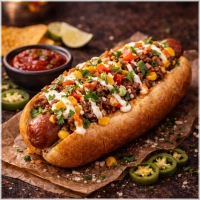 Sausage,bun,Jalapelos,Fried,anans,Mayonaise,Ketchup