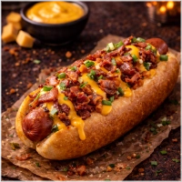 Sausage,Bun,Bacon,Fried,Onions,Mayonaise,Ketchup