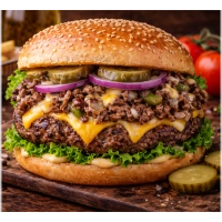 Beef Patty,Philly Steak Beef,Melted Cheese,Onions,Cheddar,Sauce