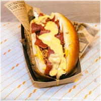 Sausage,Bun,Bacon,Melted Cheddar,Mayonaise,Ketchup